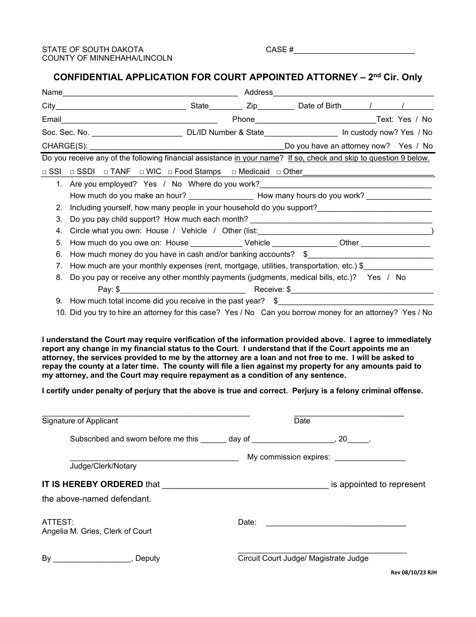 South Dakota Confidential Application for Court Appointed Attorney