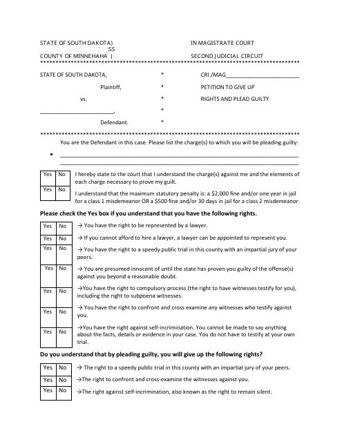 Petition to Give up Rights and Plead Guilty - Second Judicial Circuit - South Dakota Download Pdf