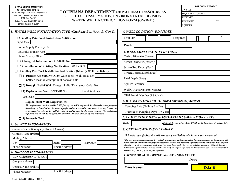 Form DNR-GWR-01 Water Well Notification Form - Louisiana