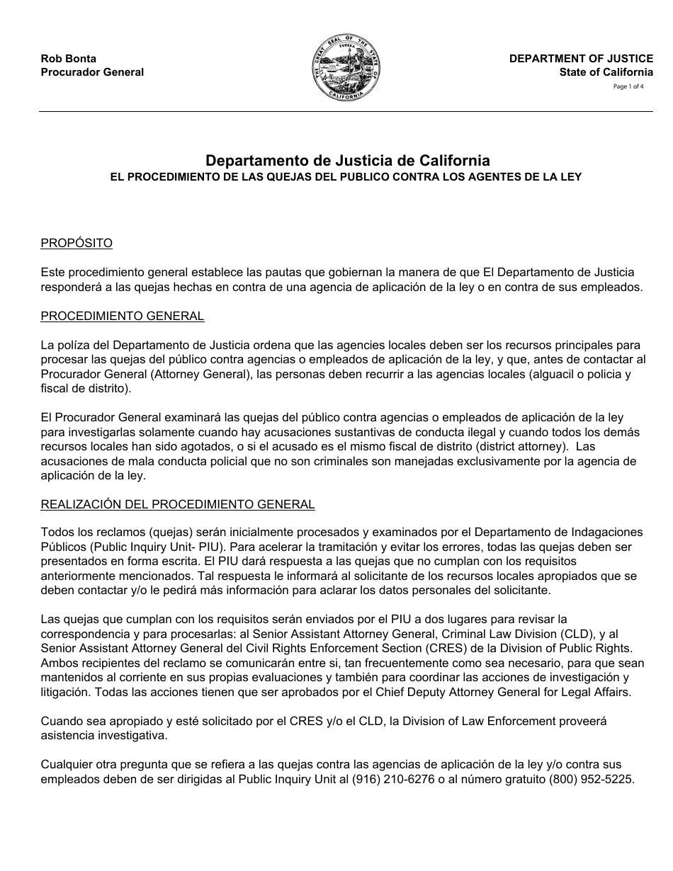 Formulario PIU3S Formulario De Queja Contra Agentes De La Ley / Agencias De La Ley - California (Spanish), Page 1