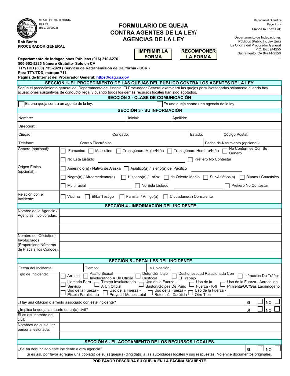 Formulario PIU3S Formulario De Queja Contra Agentes De La Ley / Agencias De La Ley - California (Spanish), Page 2