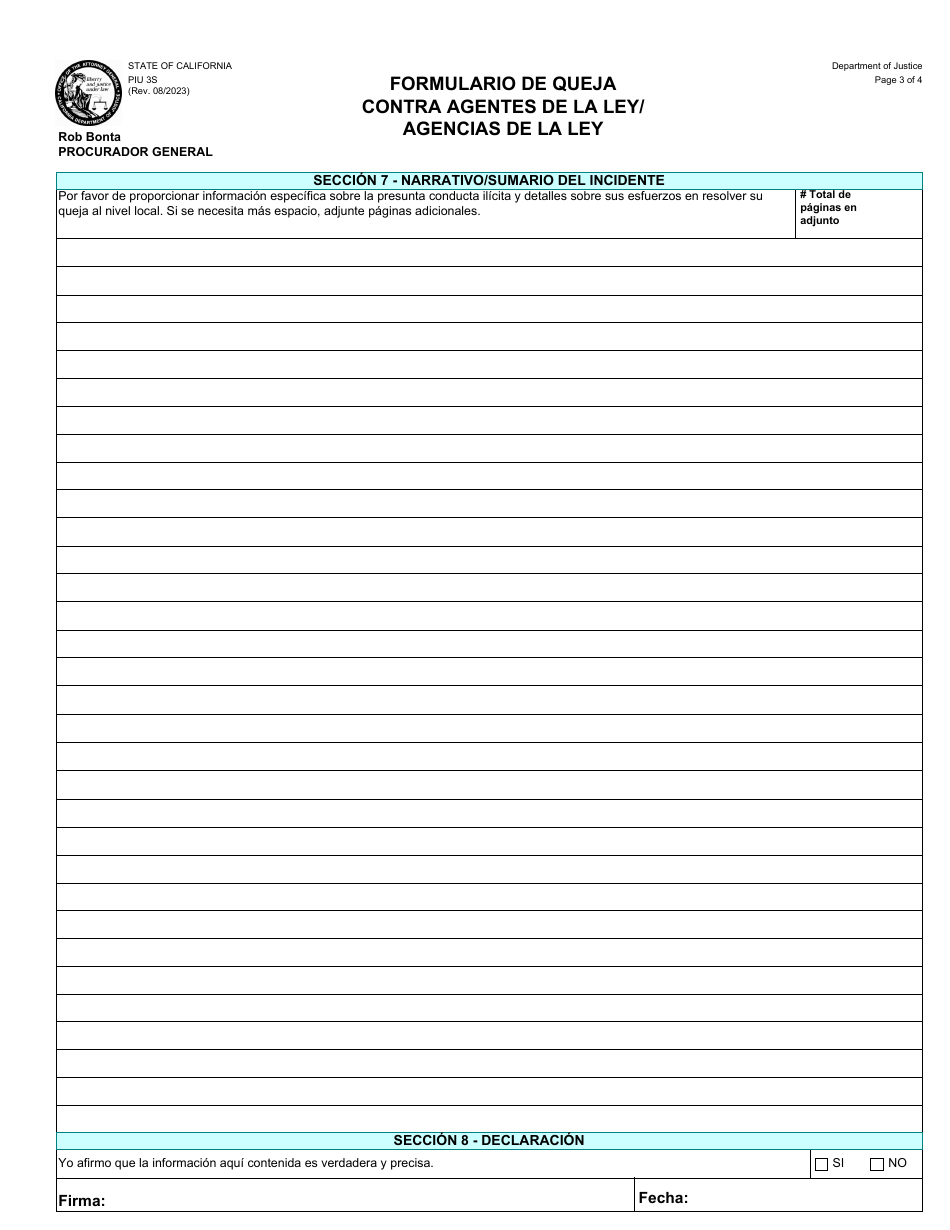 Formulario PIU3S Formulario De Queja Contra Agentes De La Ley / Agencias De La Ley - California (Spanish), Page 3