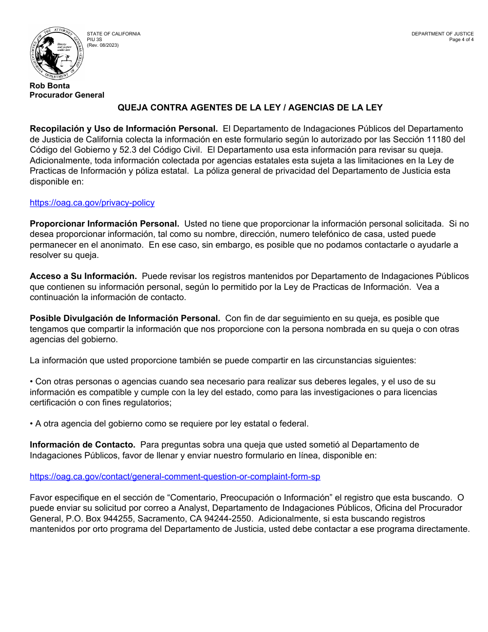 Formulario PIU3S Formulario De Queja Contra Agentes De La Ley / Agencias De La Ley - California (Spanish), Page 4