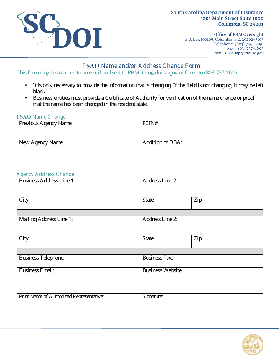 Psao Name and / or Address Change Form - South Carolina, Page 1