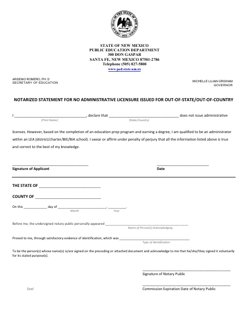 Notarized Statement for No Administrative Licensure Issued for Out-of-State / Out-Of-Country - New Mexico Download Pdf