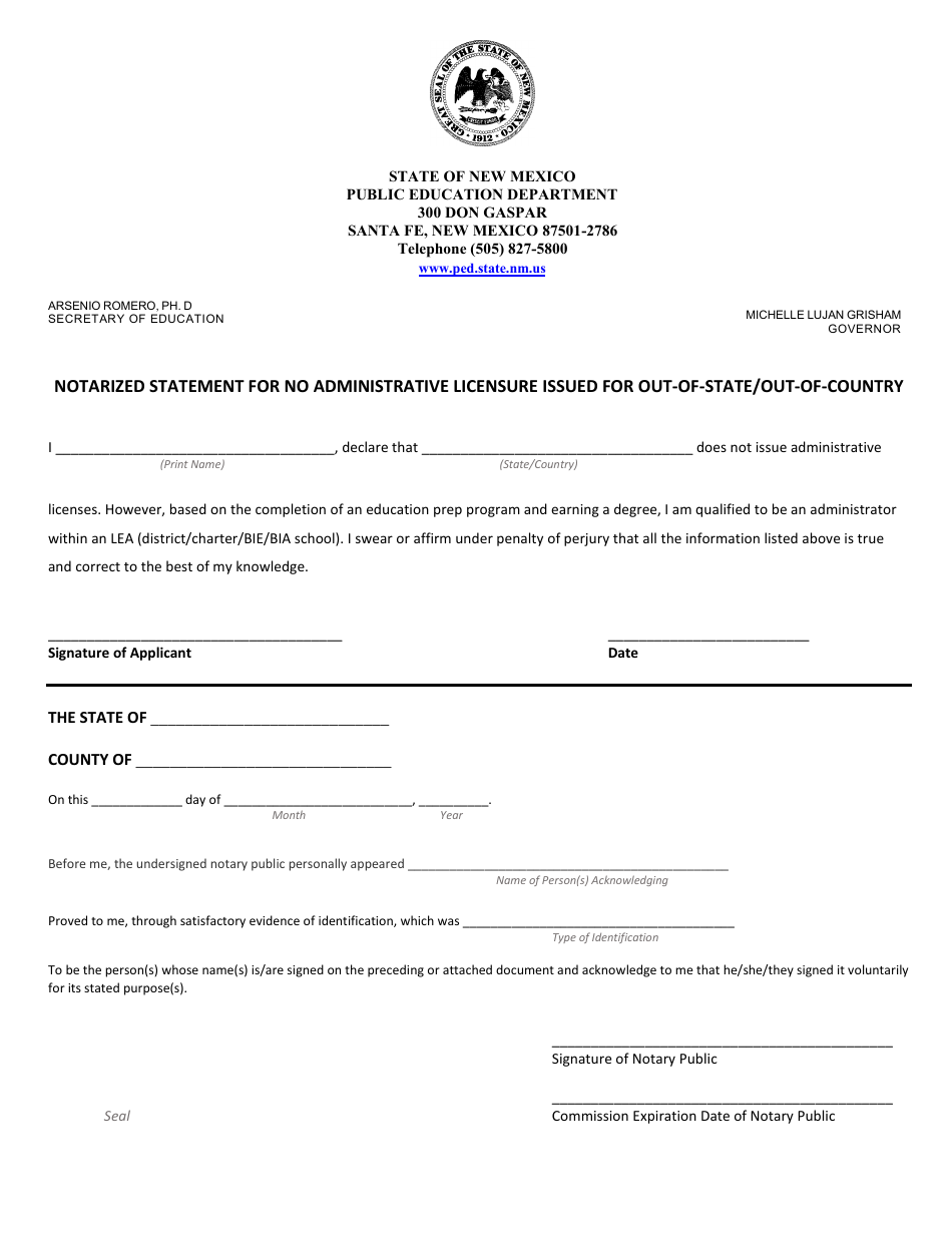 Notarized Statement for No Administrative Licensure Issued for Out-of-State / Out-Of-Country - New Mexico, Page 1