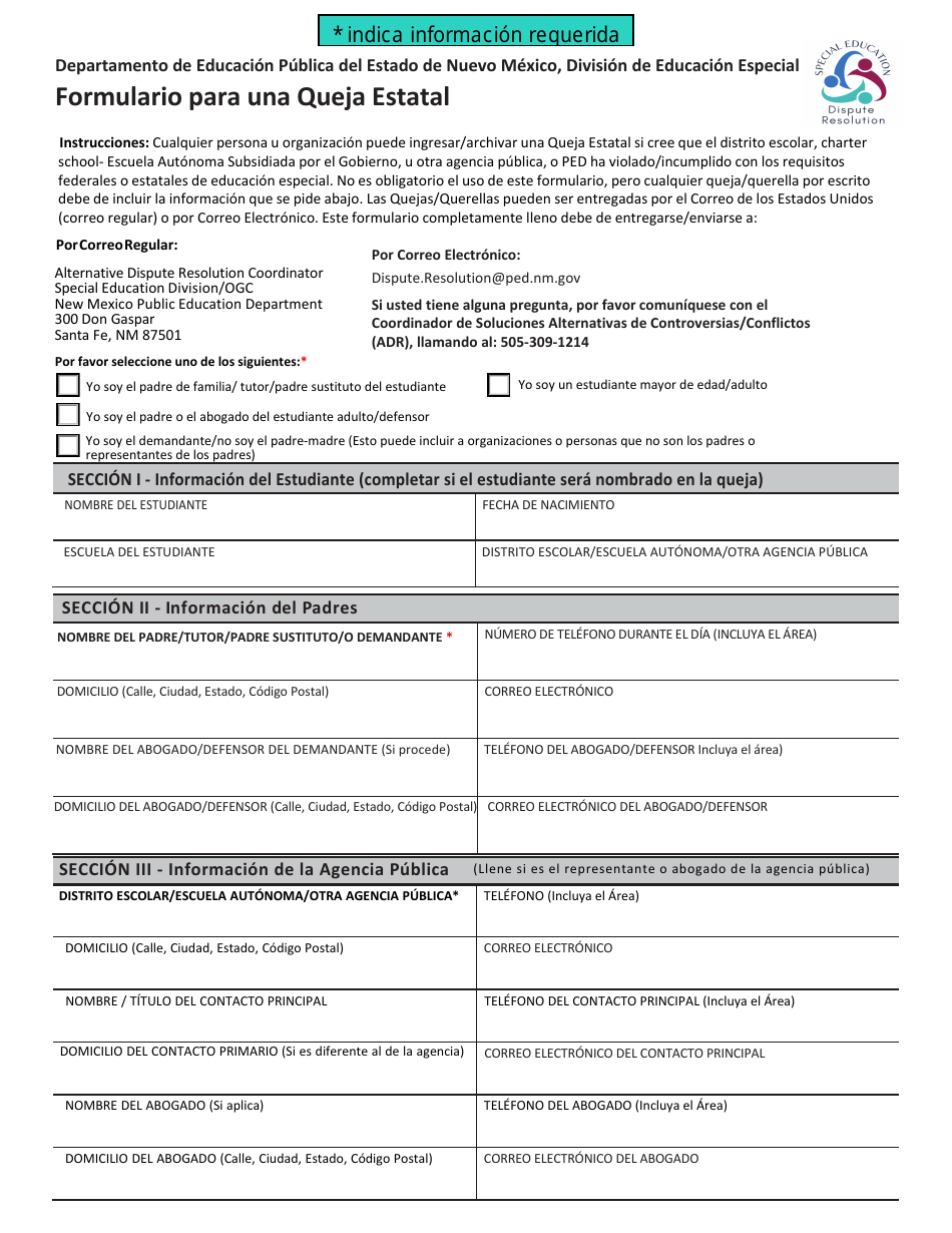 Formulario Para Una Queja Estatal - New Mexico (Spanish), Page 1