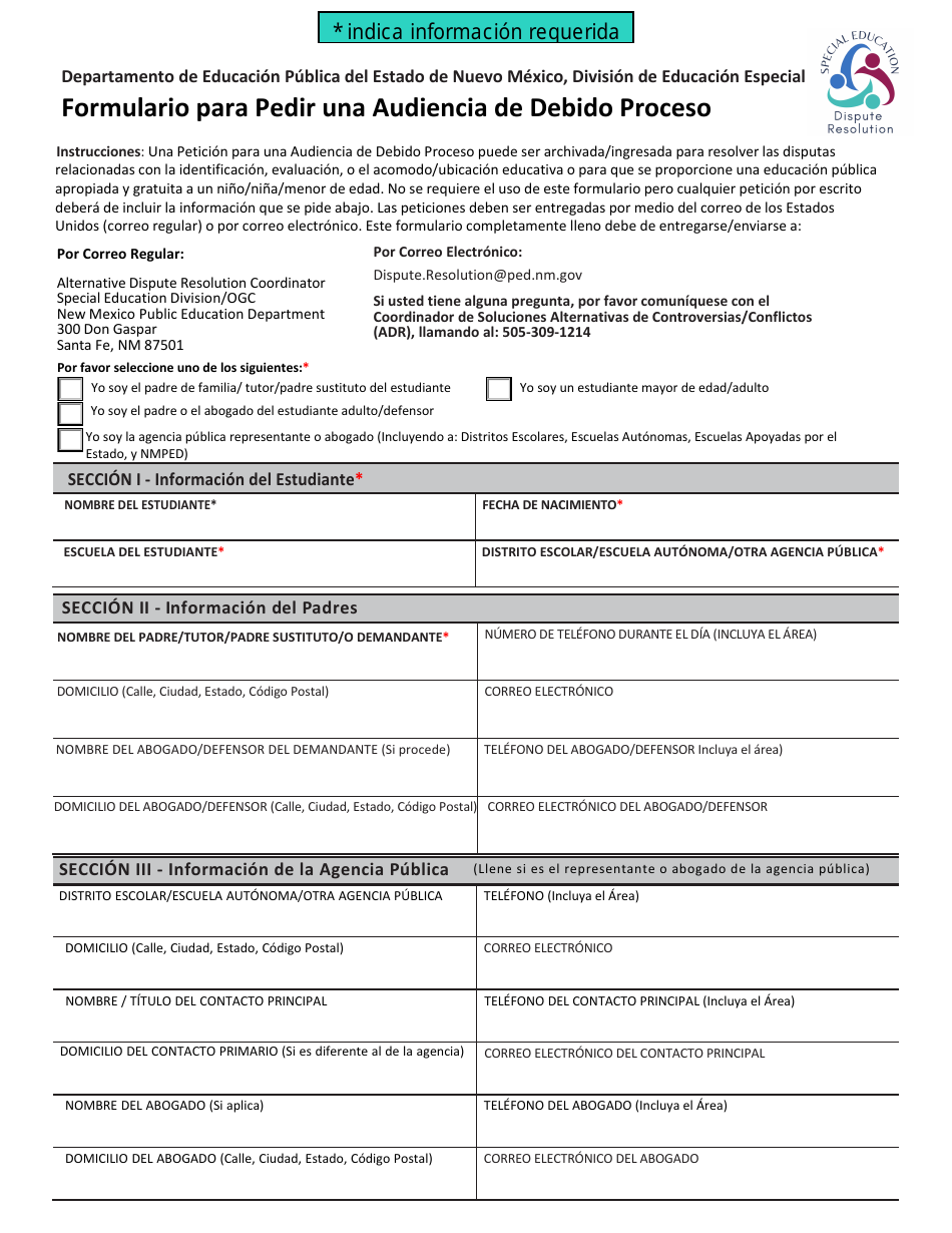 Formulario Para Pedir Una Audiencia De Debido Proceso - New Mexico (Spanish), Page 1