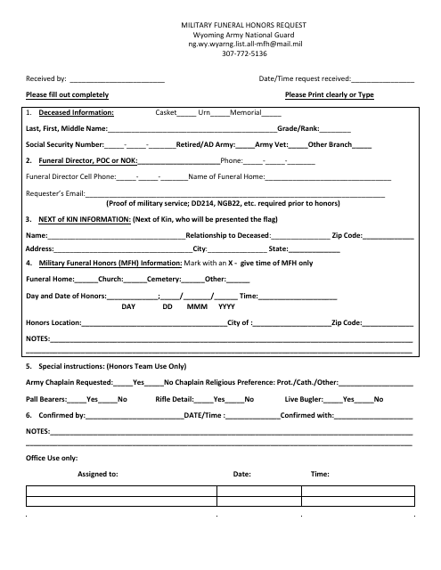Military Funeral Honors Request - Wyoming Download Pdf
