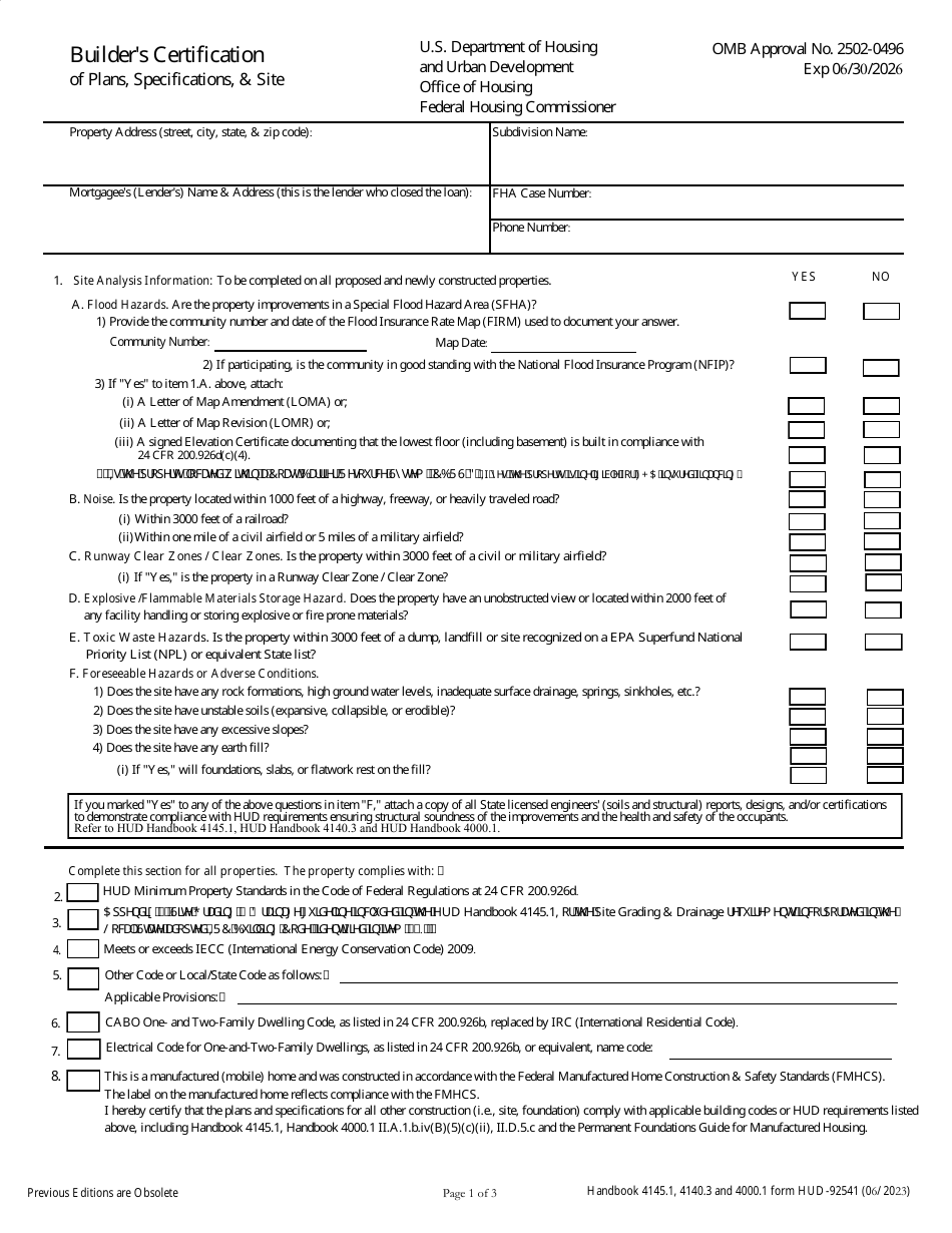 Form HUD-92541 Builders Certification of Plans, Specifications,  Site, Page 1