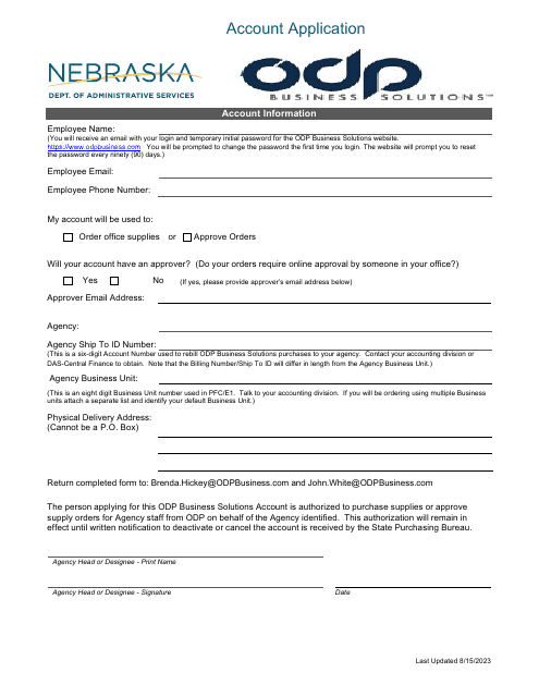 Odp Account Application - Nebraska Download Pdf