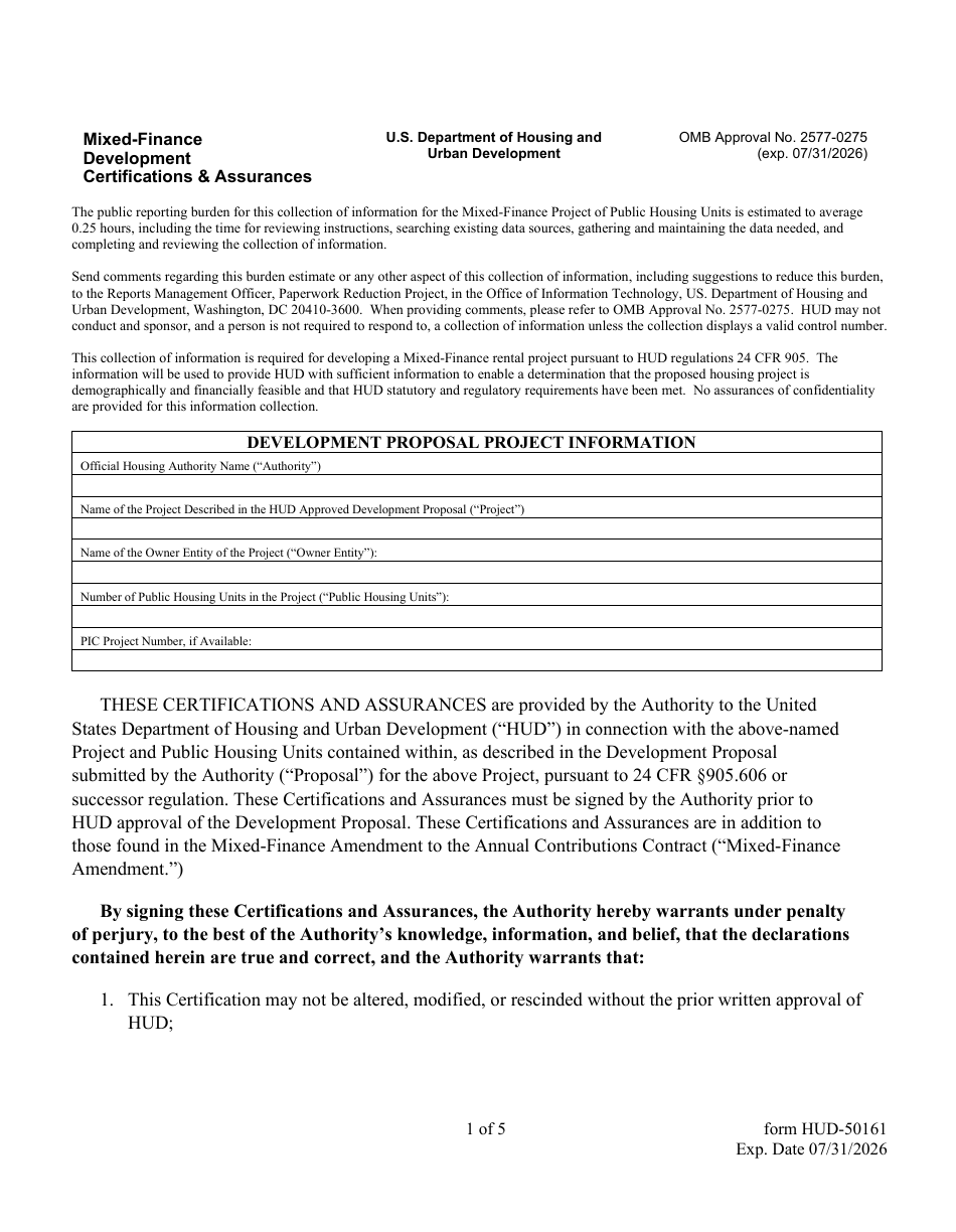 Form HUD-50161 Mixed-Finance Development Certifications  Assurances, Page 1