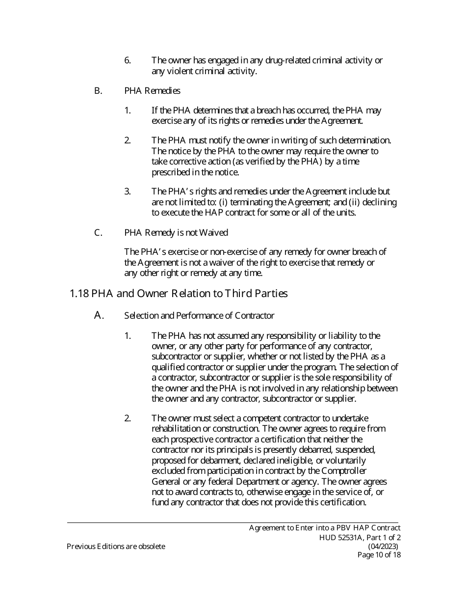 Form HUD52531A Part I Agreement to Enter Into a Housing Assistance Payments Contract - New Construction or Rehabilitation - Section 8 Project-Based Voucher Program, Page 10