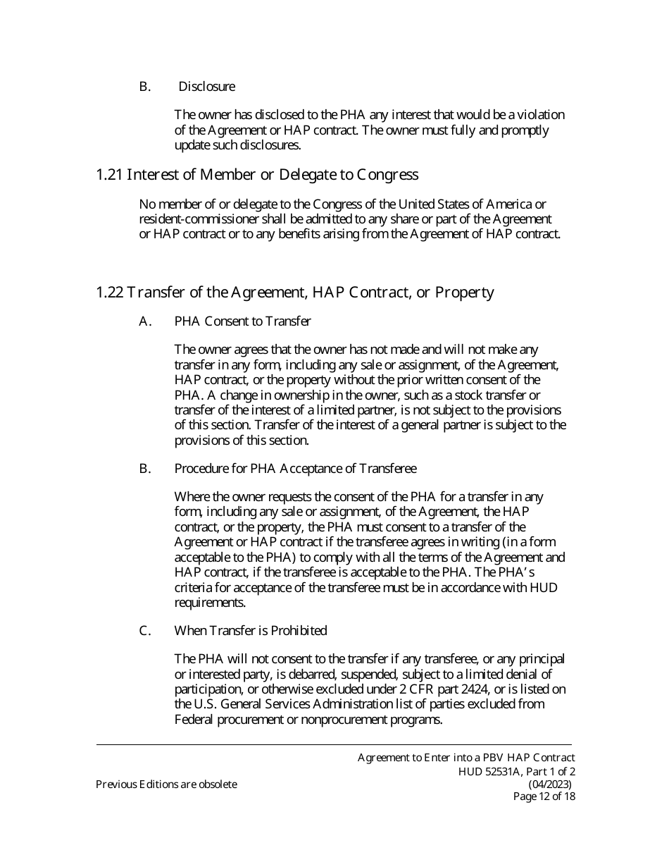 Form HUD52531A Part I Agreement to Enter Into a Housing Assistance Payments Contract - New Construction or Rehabilitation - Section 8 Project-Based Voucher Program, Page 12