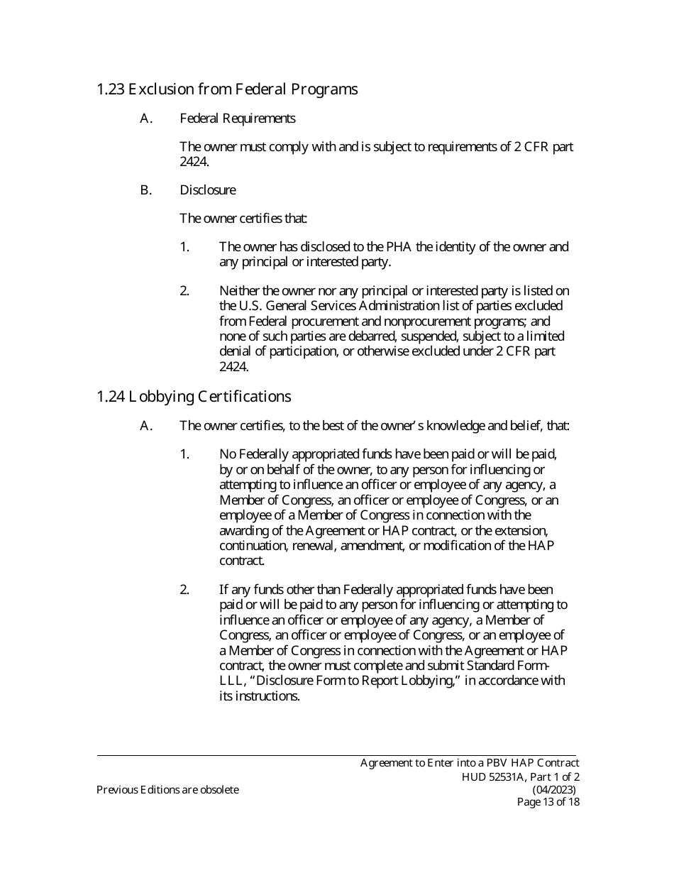 Form HUD52531A Part I Agreement to Enter Into a Housing Assistance Payments Contract - New Construction or Rehabilitation - Section 8 Project-Based Voucher Program, Page 13