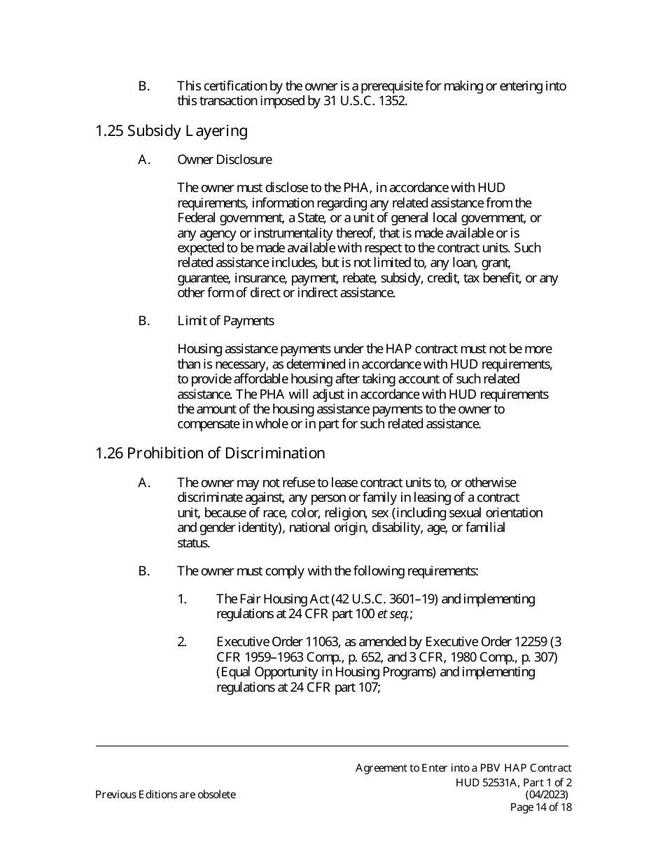 Form HUD52531A Part I Agreement to Enter Into a Housing Assistance Payments Contract - New Construction or Rehabilitation - Section 8 Project-Based Voucher Program, Page 14