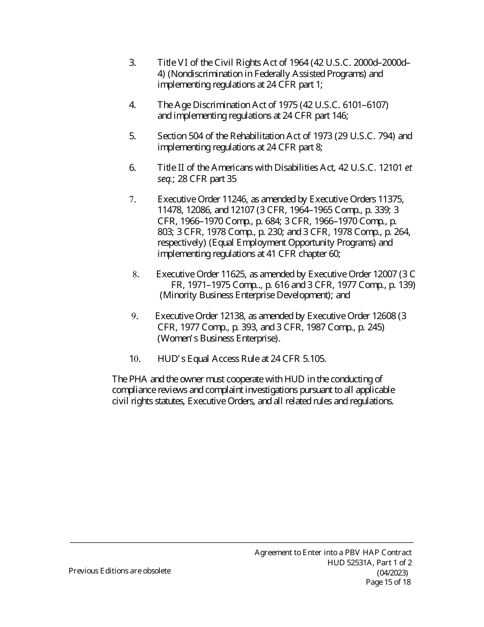 Form HUD52531A Part I Agreement to Enter Into a Housing Assistance Payments Contract - New Construction or Rehabilitation - Section 8 Project-Based Voucher Program, Page 15