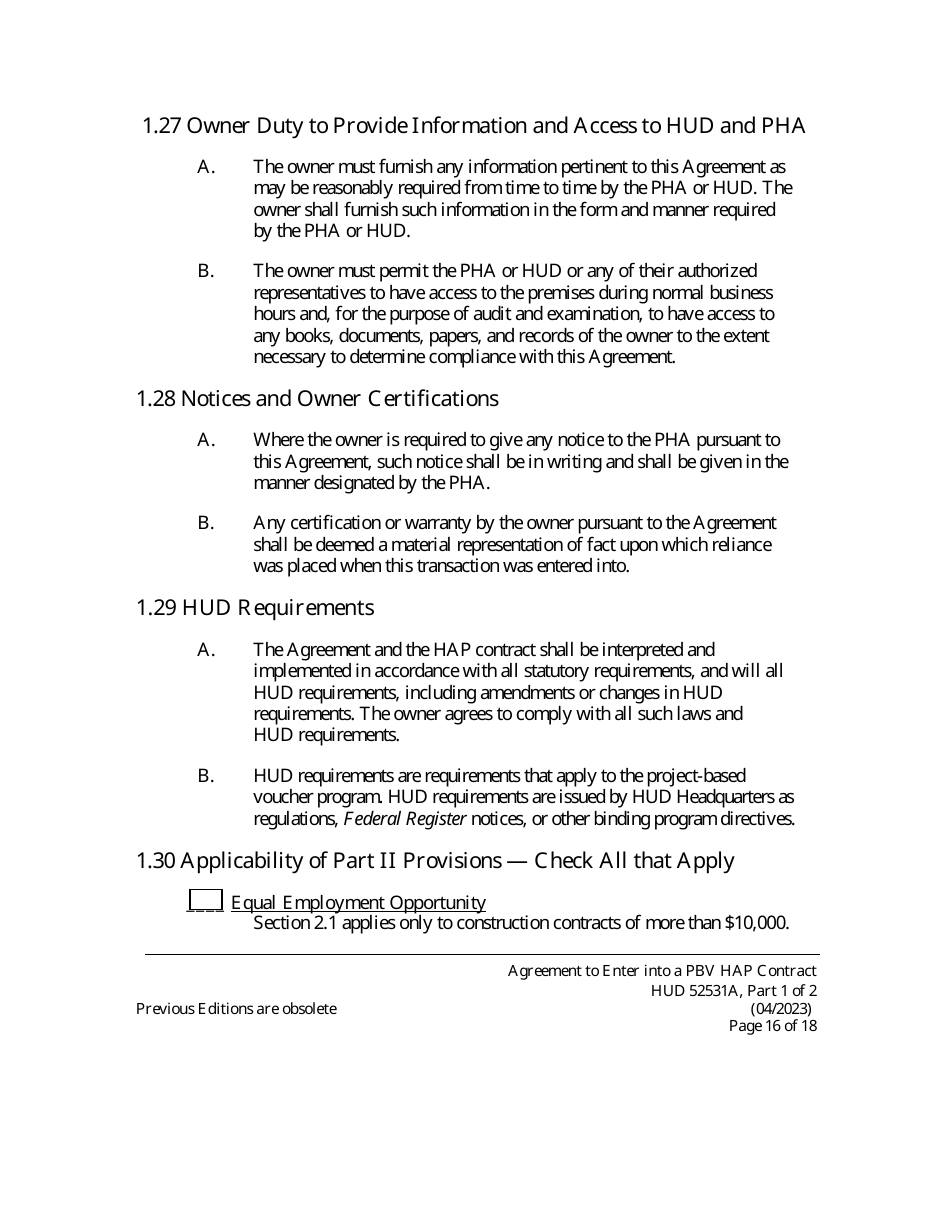 Form HUD52531A Part I Agreement to Enter Into a Housing Assistance Payments Contract - New Construction or Rehabilitation - Section 8 Project-Based Voucher Program, Page 16