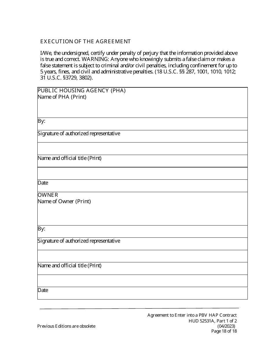 Form HUD52531A Part I Agreement to Enter Into a Housing Assistance Payments Contract - New Construction or Rehabilitation - Section 8 Project-Based Voucher Program, Page 18