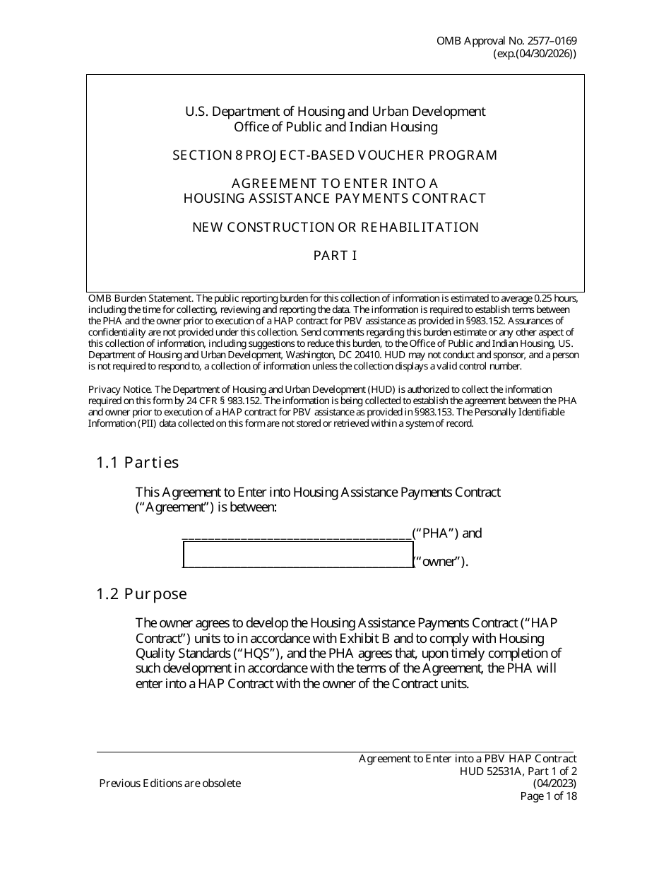 Form HUD52531A Part I Agreement to Enter Into a Housing Assistance Payments Contract - New Construction or Rehabilitation - Section 8 Project-Based Voucher Program, Page 1