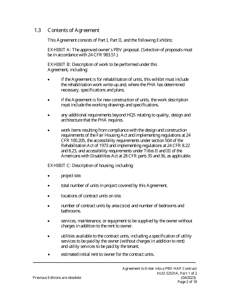 Form HUD52531A Part I Agreement to Enter Into a Housing Assistance Payments Contract - New Construction or Rehabilitation - Section 8 Project-Based Voucher Program, Page 2