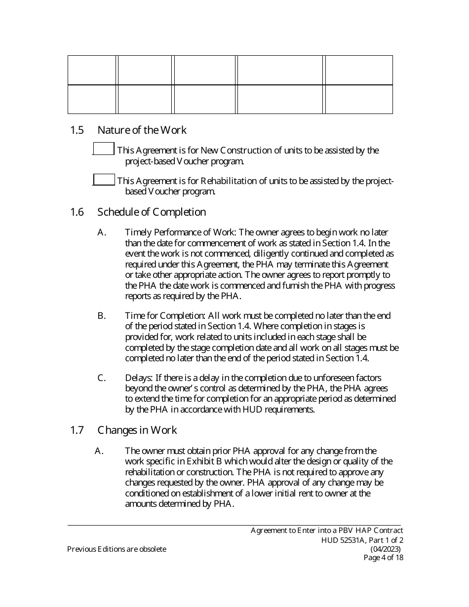 Form HUD52531A Part I Agreement to Enter Into a Housing Assistance Payments Contract - New Construction or Rehabilitation - Section 8 Project-Based Voucher Program, Page 4