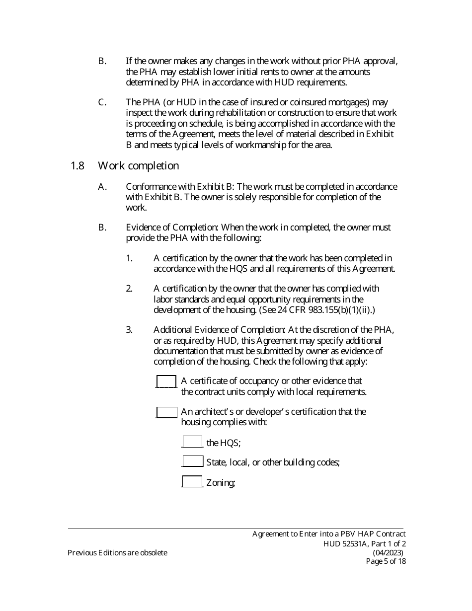 Form HUD52531A Part I Agreement to Enter Into a Housing Assistance Payments Contract - New Construction or Rehabilitation - Section 8 Project-Based Voucher Program, Page 5