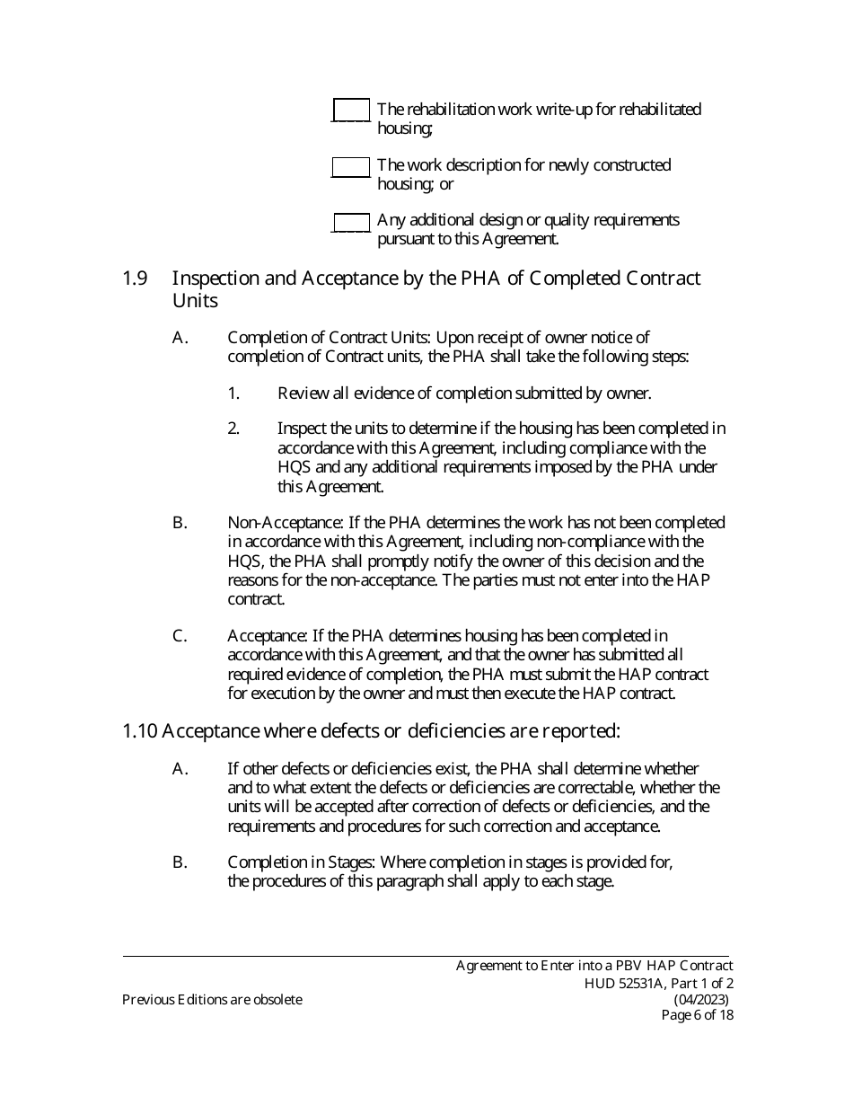 Form HUD52531A Part I Agreement to Enter Into a Housing Assistance Payments Contract - New Construction or Rehabilitation - Section 8 Project-Based Voucher Program, Page 6