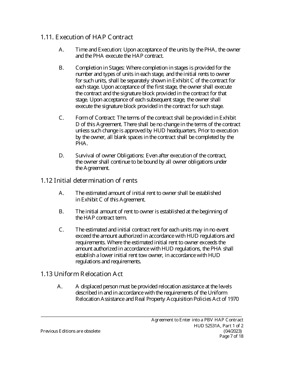 Form HUD52531A Part I Agreement to Enter Into a Housing Assistance Payments Contract - New Construction or Rehabilitation - Section 8 Project-Based Voucher Program, Page 7