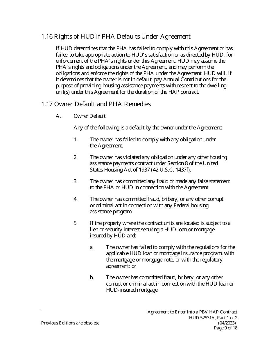 Form HUD52531A Part I Agreement to Enter Into a Housing Assistance Payments Contract - New Construction or Rehabilitation - Section 8 Project-Based Voucher Program, Page 9