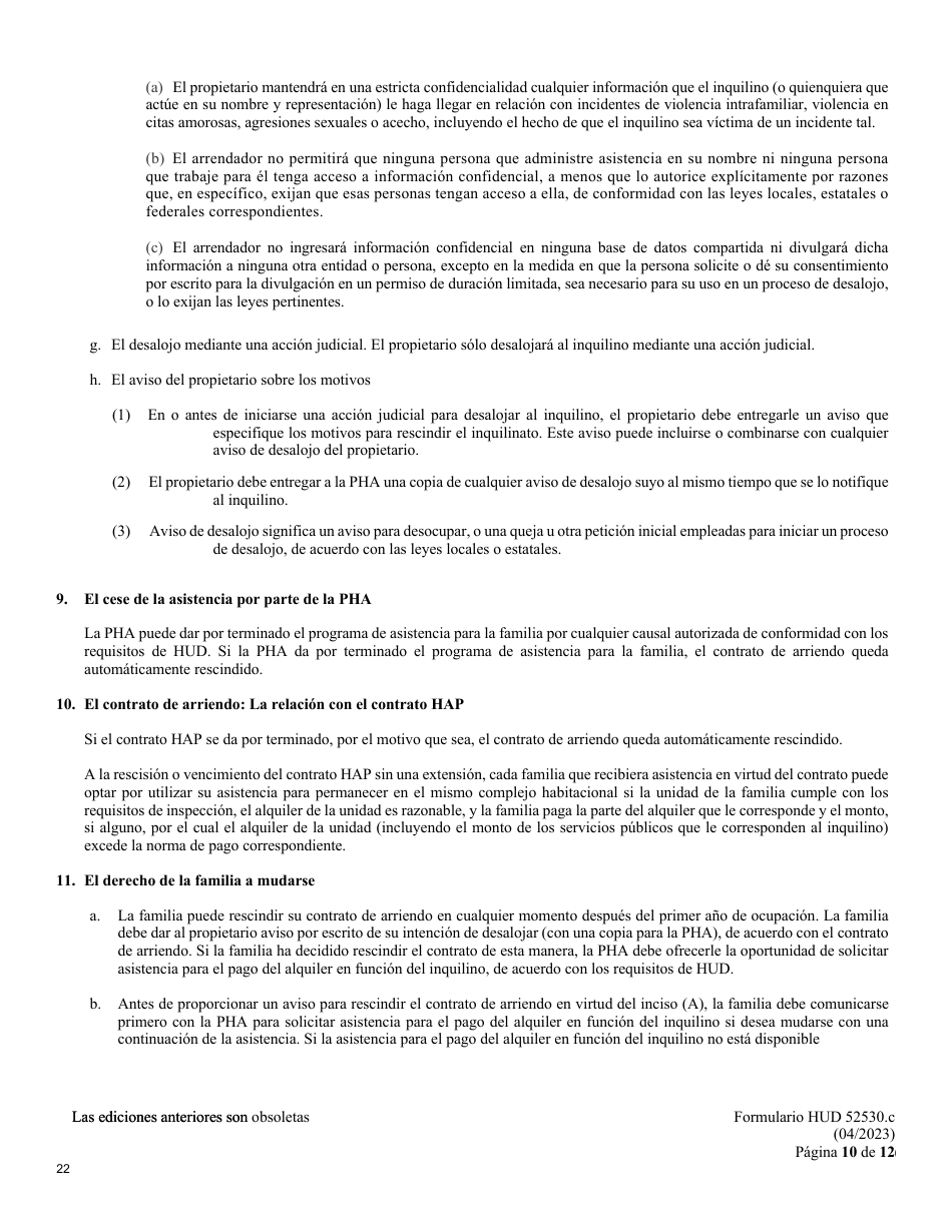Formulario HUD-52530-C Adenda De Inquilinato - Programa De Vales De Seccion 8 En Funcion De Proyectos (Spanish), Page 10