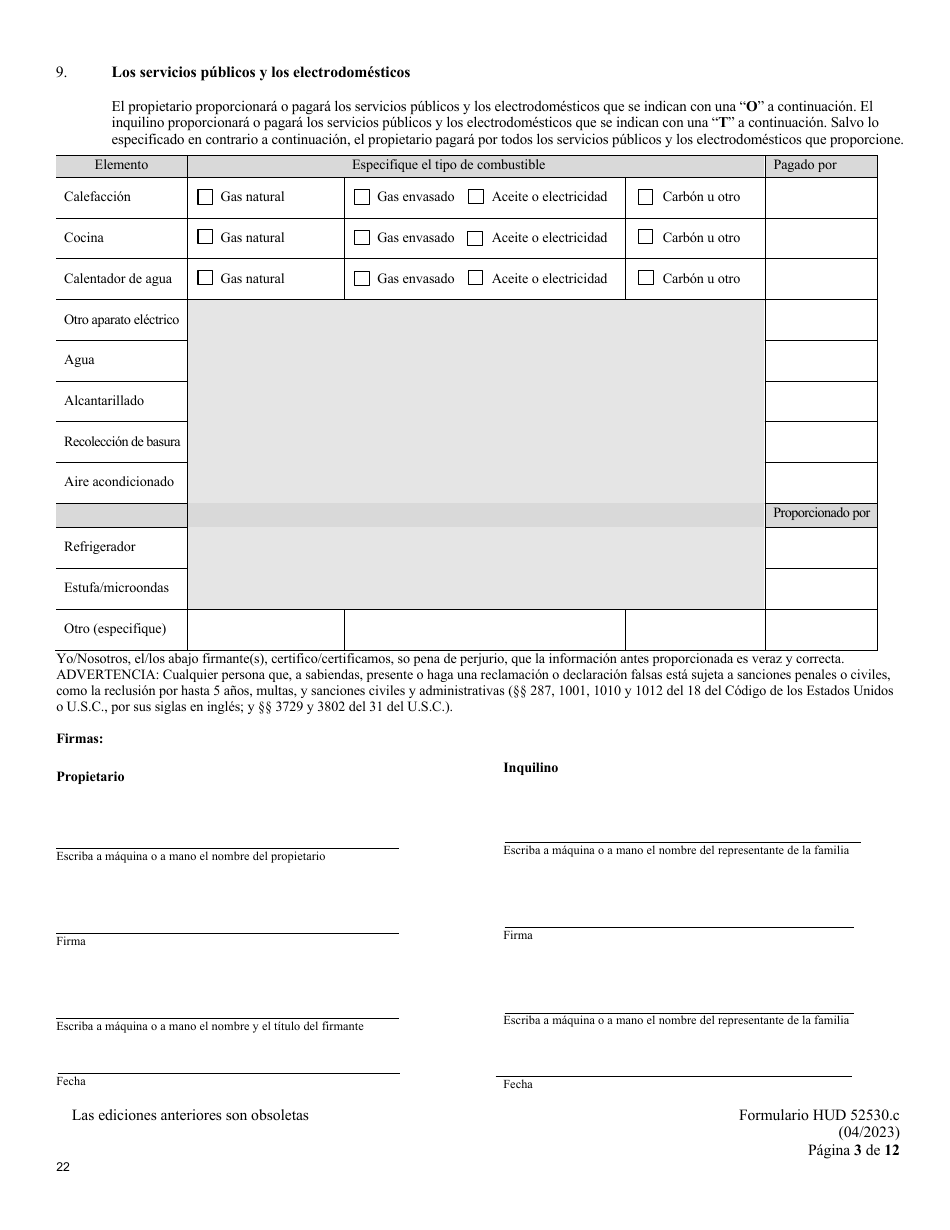 Formulario HUD-52530-C Adenda De Inquilinato - Programa De Vales De Seccion 8 En Funcion De Proyectos (Spanish), Page 3