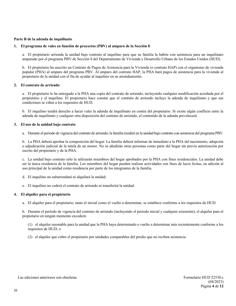 Formulario HUD-52530-C Adenda De Inquilinato - Programa De Vales De Seccion 8 En Funcion De Proyectos (Spanish), Page 4