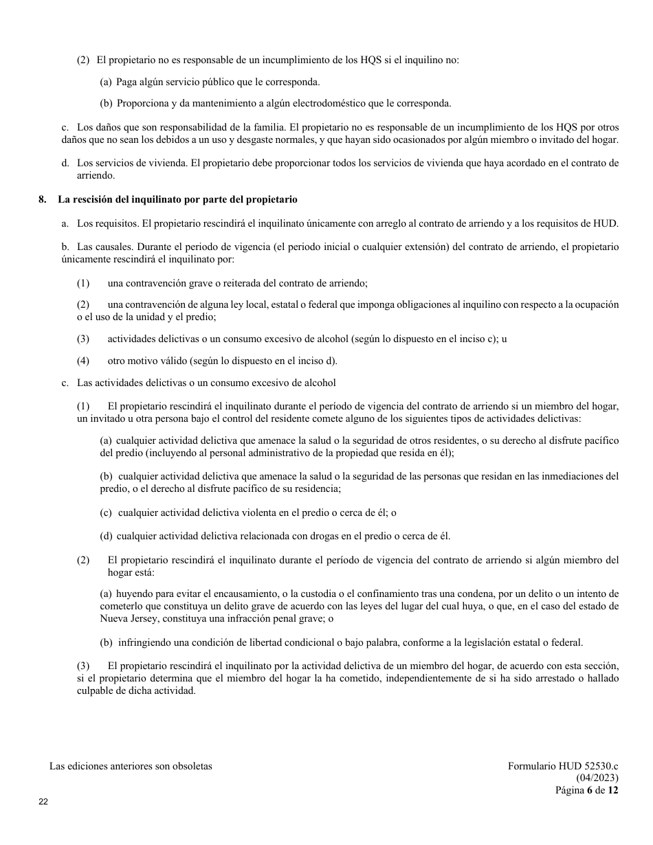 Formulario HUD-52530-C Adenda De Inquilinato - Programa De Vales De Seccion 8 En Funcion De Proyectos (Spanish), Page 6