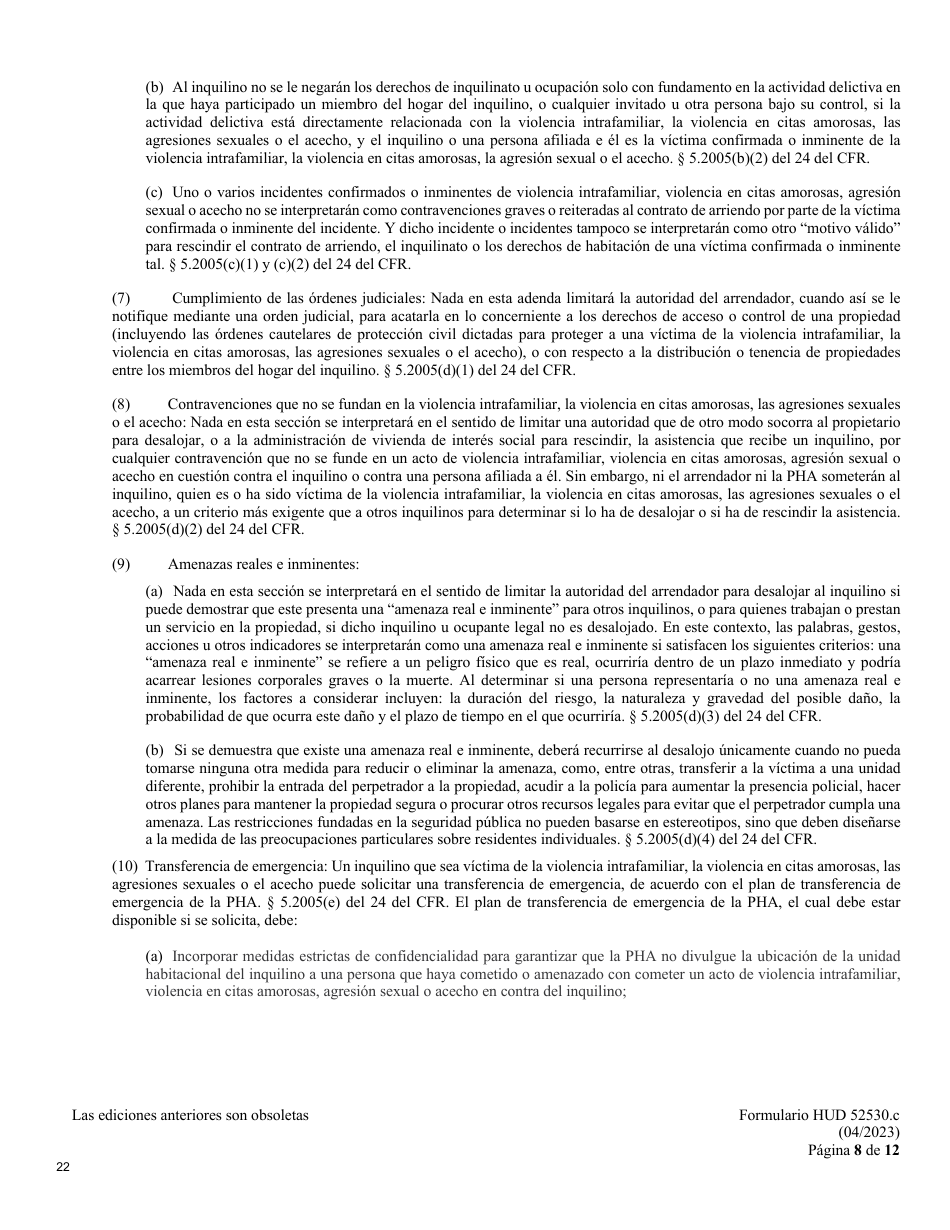 Formulario HUD-52530-C Adenda De Inquilinato - Programa De Vales De Seccion 8 En Funcion De Proyectos (Spanish), Page 8