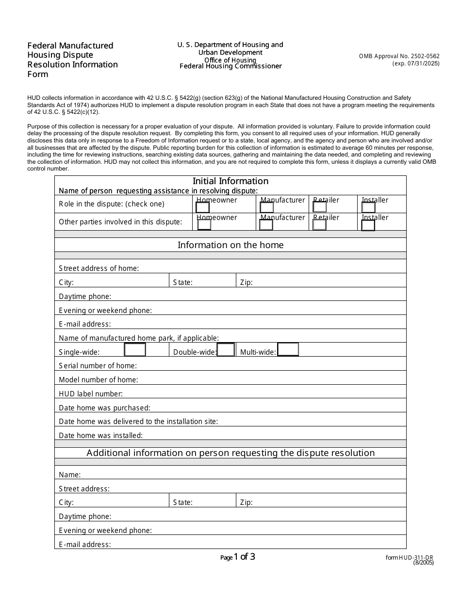 Form HUD-311-DR Federal Manufactured Housing Dispute Resolution Information Form, Page 1