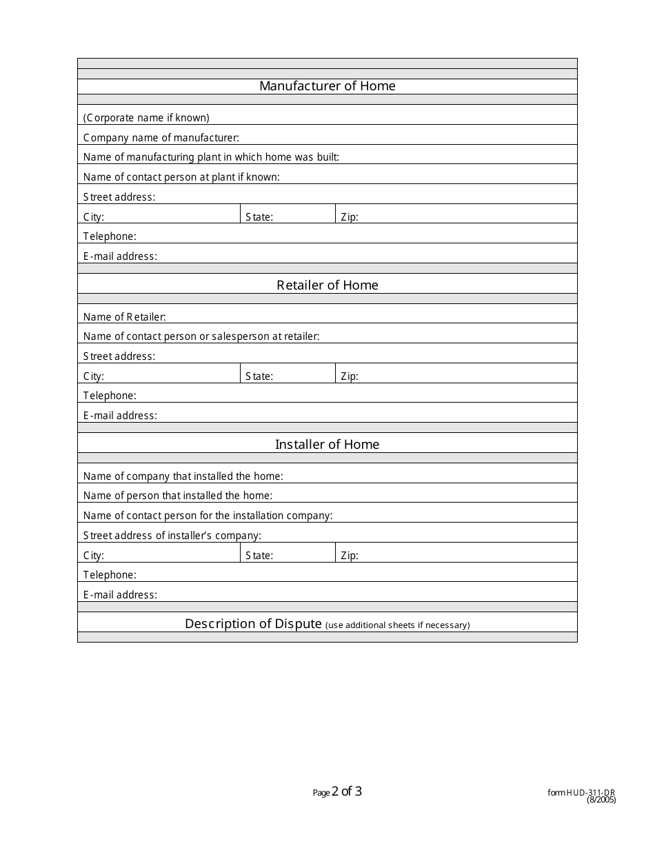 Form HUD-311-DR Federal Manufactured Housing Dispute Resolution Information Form, Page 2