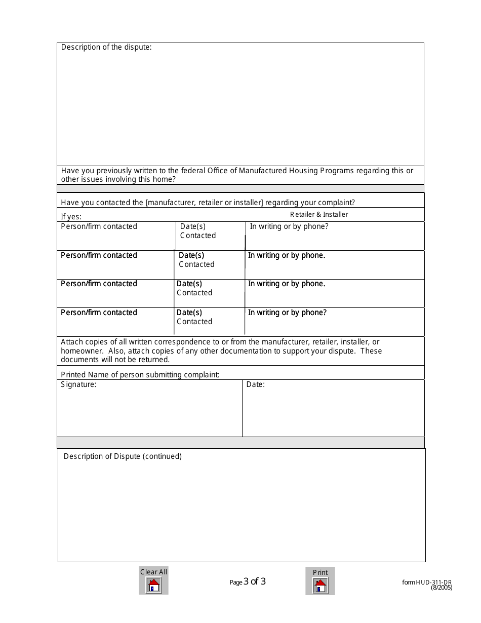 Form HUD-311-DR Federal Manufactured Housing Dispute Resolution Information Form, Page 3