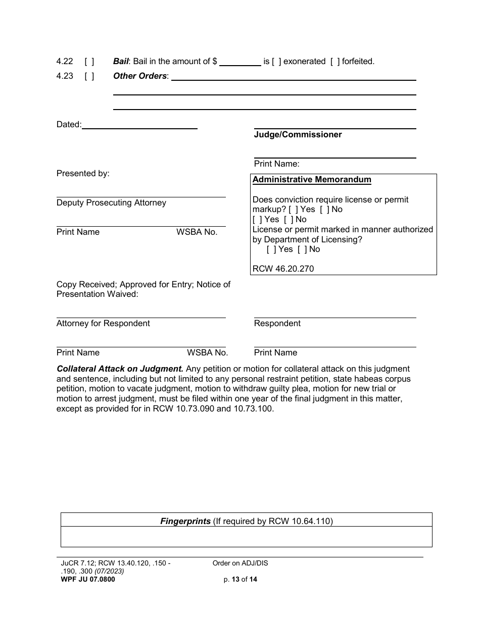 Form WPF JU07.0800 Order on Adjudication and Disposition (Ord) - Washington, Page 13