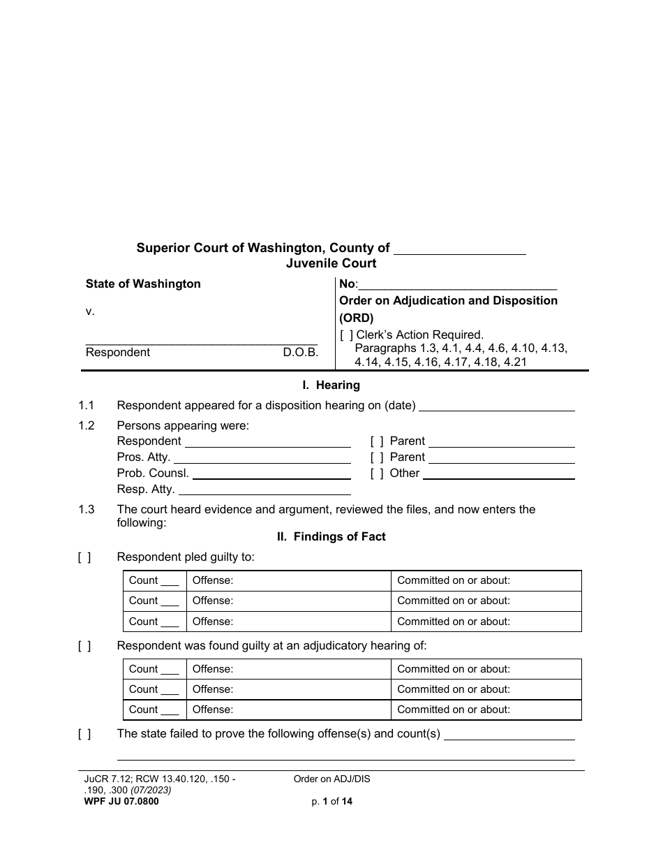 Form WPF JU07.0800 Order on Adjudication and Disposition (Ord) - Washington, Page 1