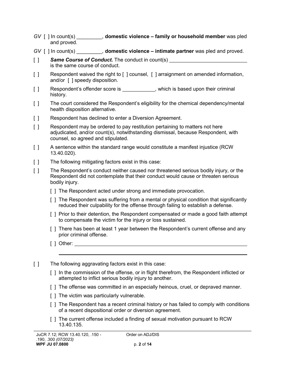Form WPF JU07.0800 Order on Adjudication and Disposition (Ord) - Washington, Page 2
