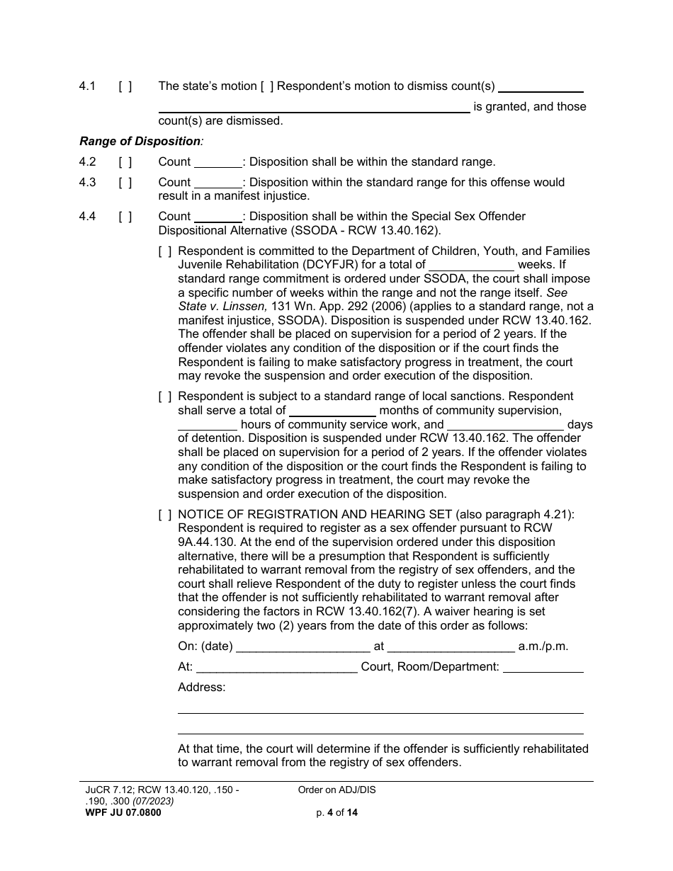 Form WPF JU07.0800 Order on Adjudication and Disposition (Ord) - Washington, Page 4