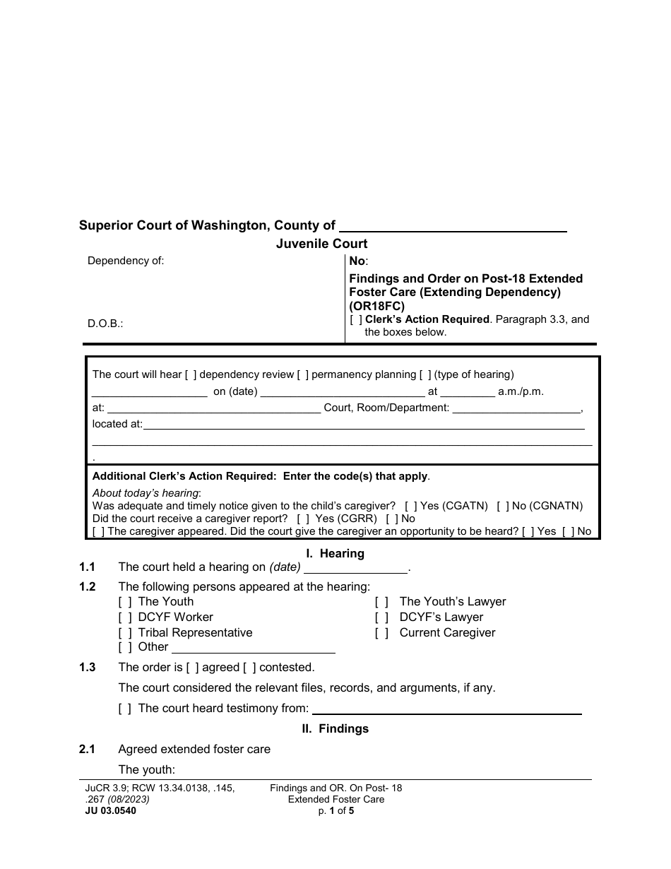 Form JU03.0540 Findings and Order on Post-18 Extended Foster Care (Extending Dependency) (Or18fc) - Washington, Page 1