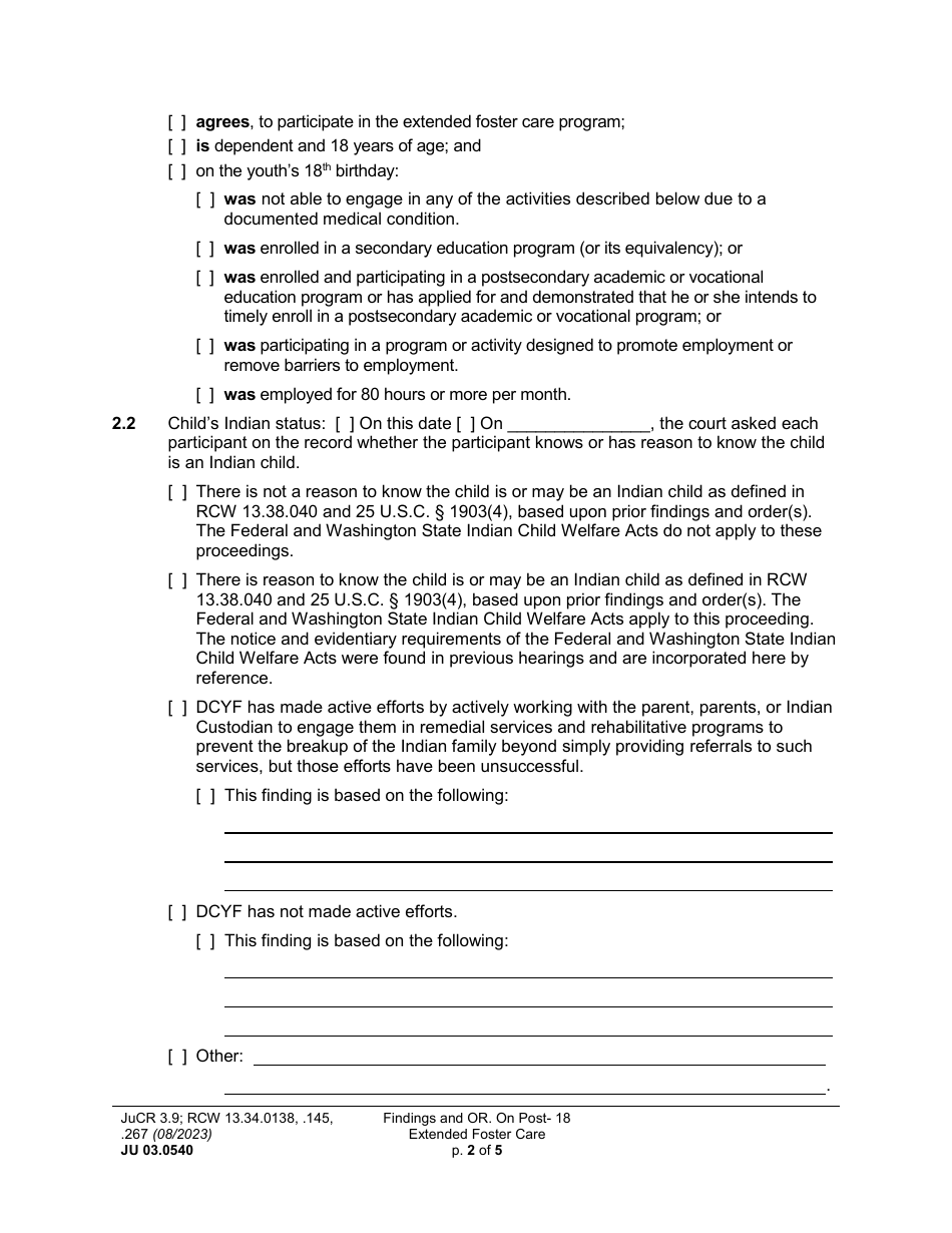 Form JU03.0540 Findings and Order on Post-18 Extended Foster Care (Extending Dependency) (Or18fc) - Washington, Page 2