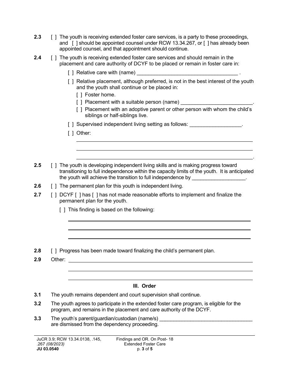 Form JU03.0540 Findings and Order on Post-18 Extended Foster Care (Extending Dependency) (Or18fc) - Washington, Page 3