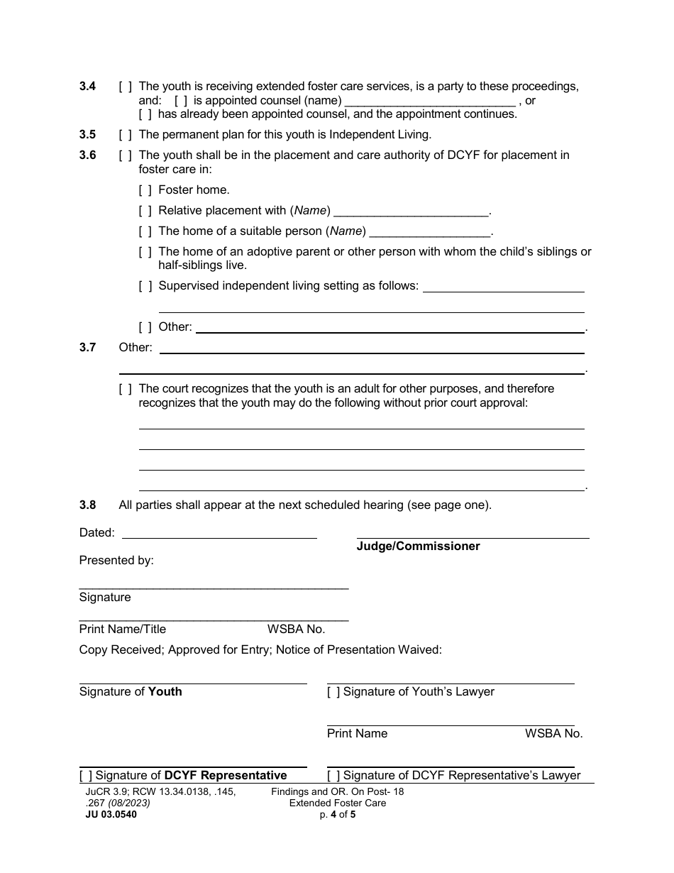 Form JU03.0540 Findings and Order on Post-18 Extended Foster Care (Extending Dependency) (Or18fc) - Washington, Page 4