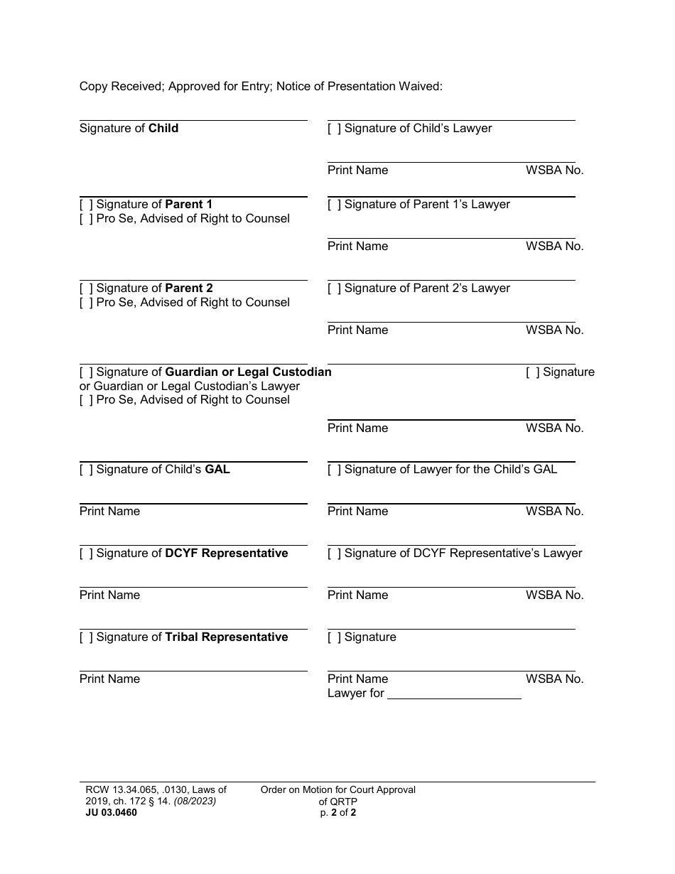 Form JU03.0460 Order on Motion for Court Approval of Placement in Qualified Residential Treatment Program - Washington, Page 2