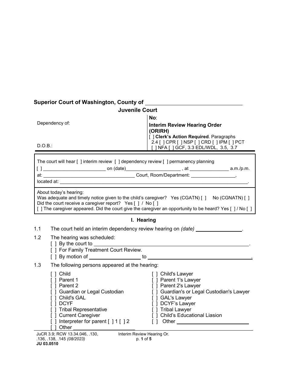 Form JU03.0510 Interim Review Hearing Order (Orirh) - Washington, Page 1