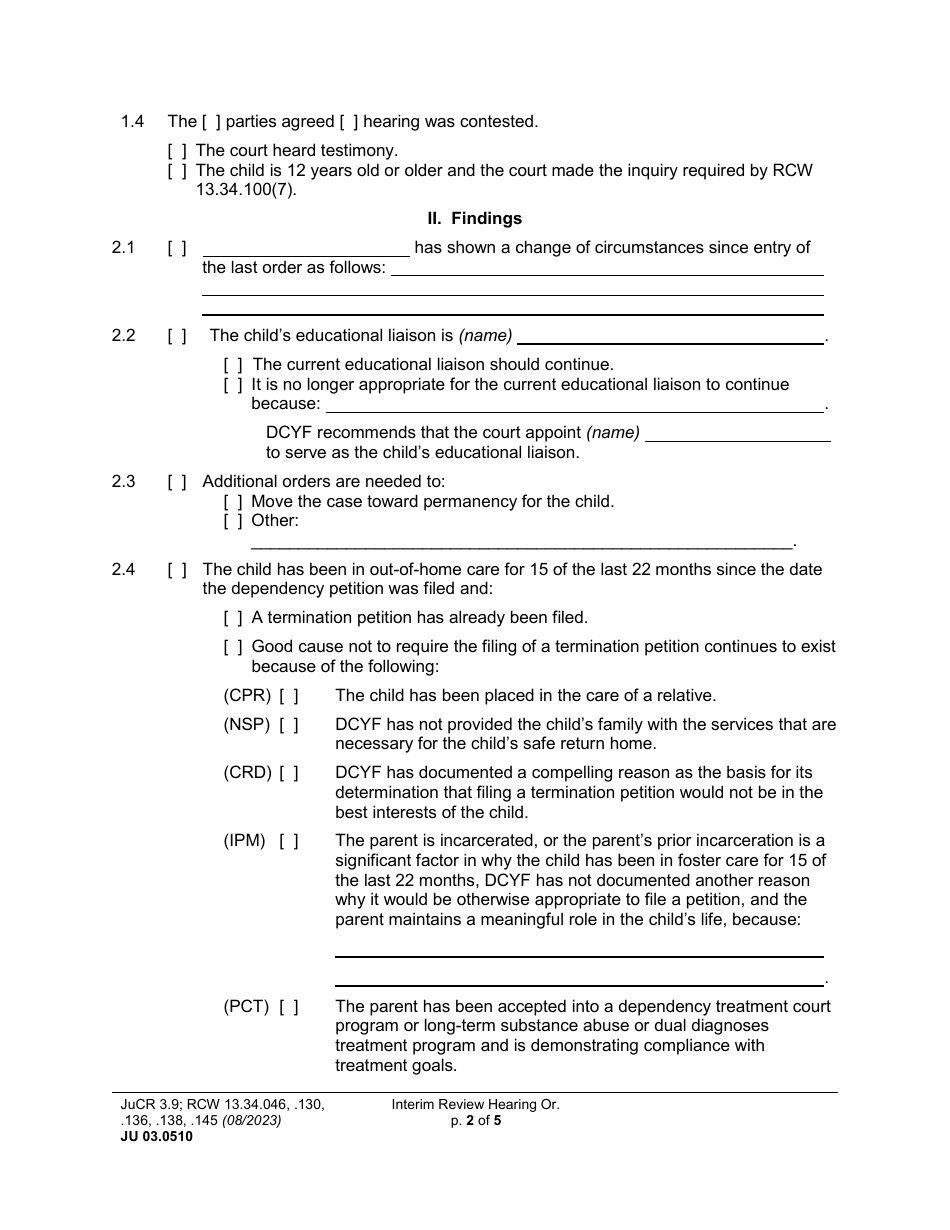Form JU03.0510 Interim Review Hearing Order (Orirh) - Washington, Page 2