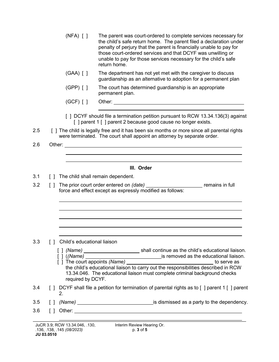 Form JU03.0510 Interim Review Hearing Order (Orirh) - Washington, Page 3